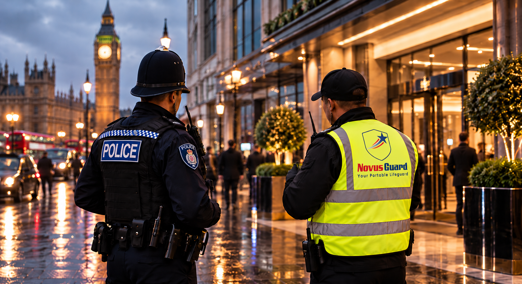 Security guard and police officer working together on a London street